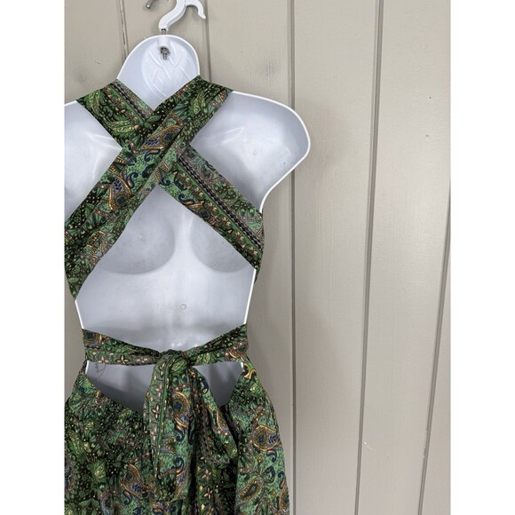 Earthbound Trading Co. Maxi Dress L Large Halter Cross Back Green Gold Floral - Picture 6 of 7